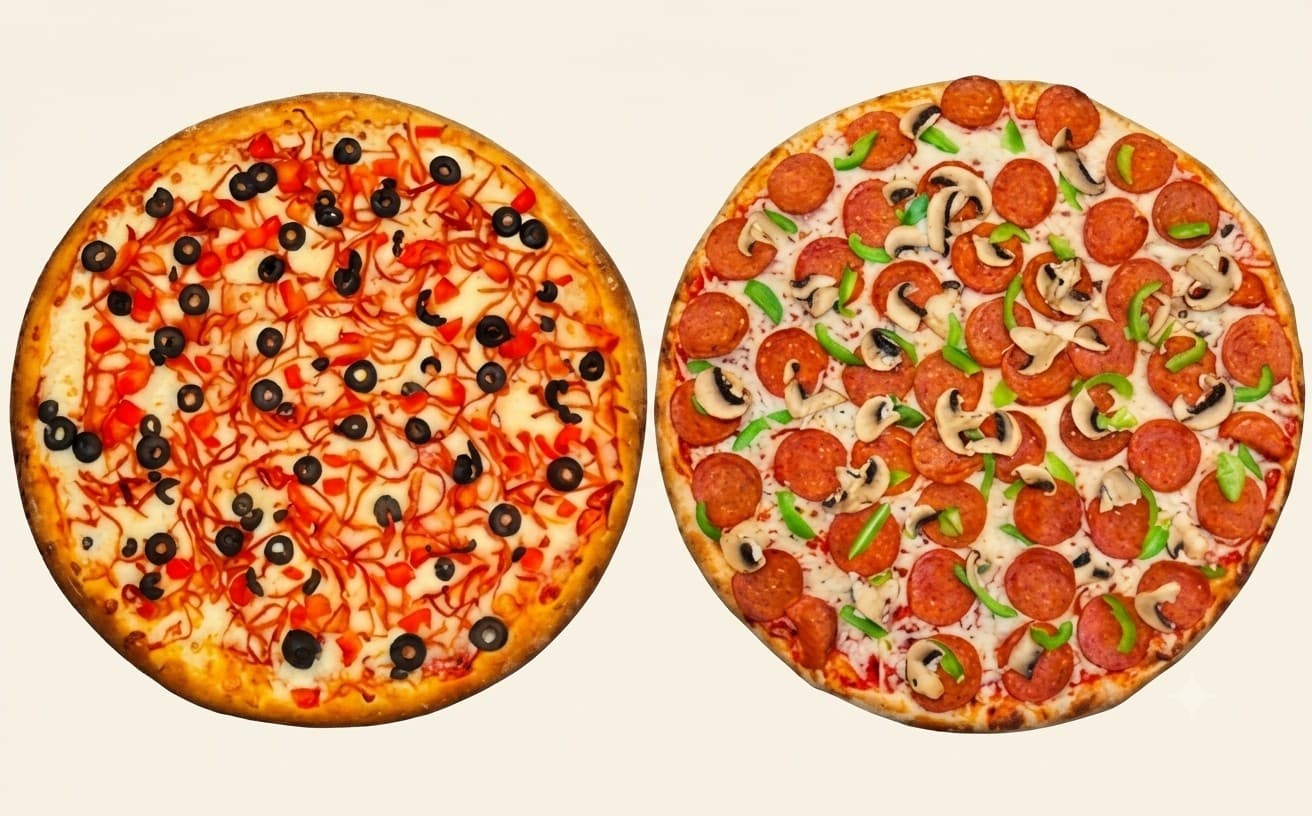 Two Large Pizzas - 3 Toppings Each + 3 Drinks + 3 Dips